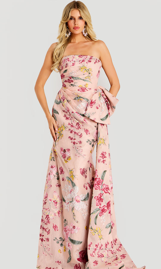 Jovani 46242 - Textured Floral Straight Neck Evening Gown