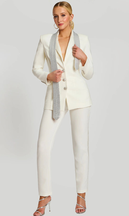 Jovani 46267 - Plunging Crepe Pantsuit with Embellished Neck Tie