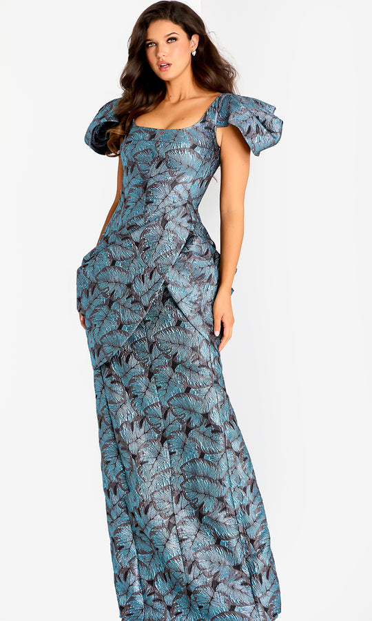 Jovani 46273 - Layered Drape Scoop Neck Brocade Gown