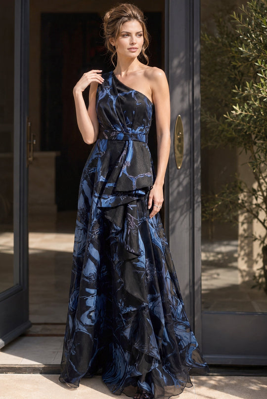 Jovani 46319 - Floral Metallic Pattern Asymmetric Long Gown