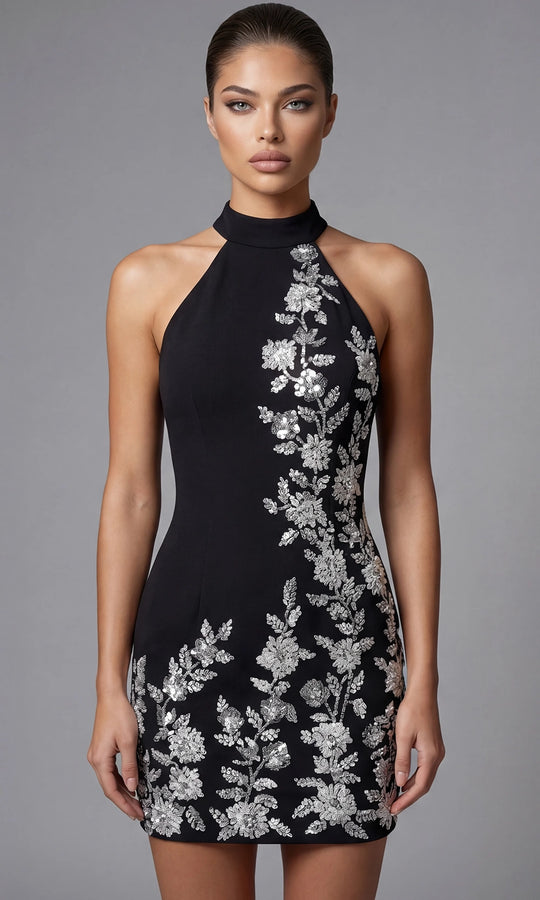 Jovani 46402 - Sleeveless Halter Floral Sequin Mini Dress