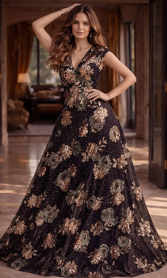 Jovani 46493 - Floral Sequin A-Line Formal Gown