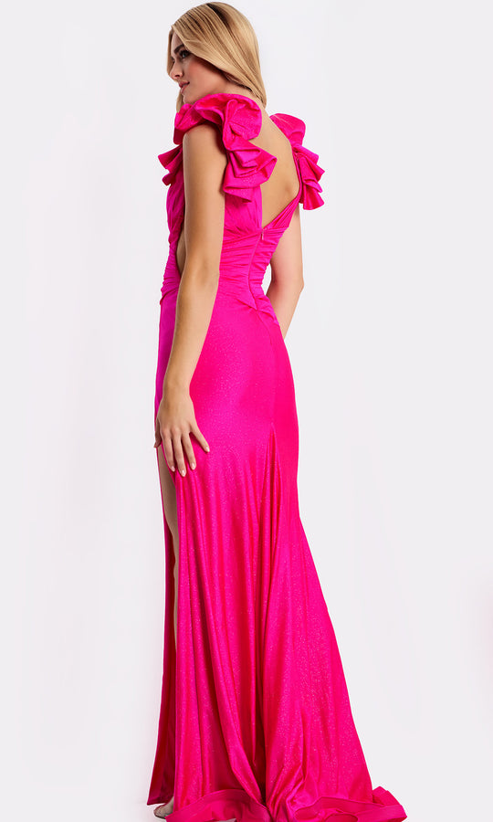 Jovani 46496 - Ruffled Shoulder V-Back Evening Gown