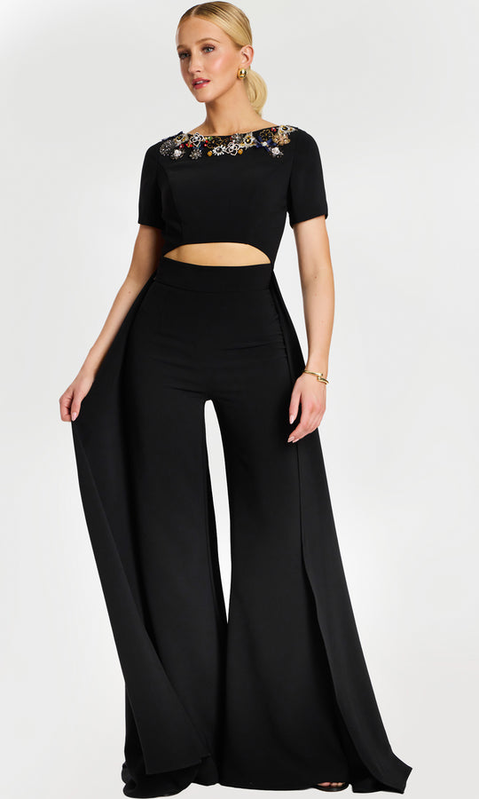 Jovani 46505 - Short Sleeve Midriff Cutout Pantsuit