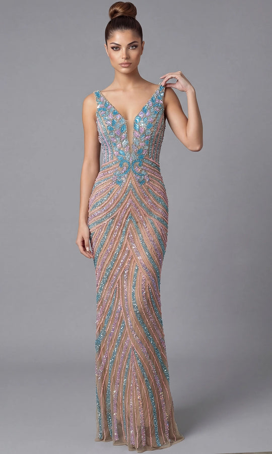 Jovani 46515 - Multicolor Beaded Plunging V-Neck Prom Gown