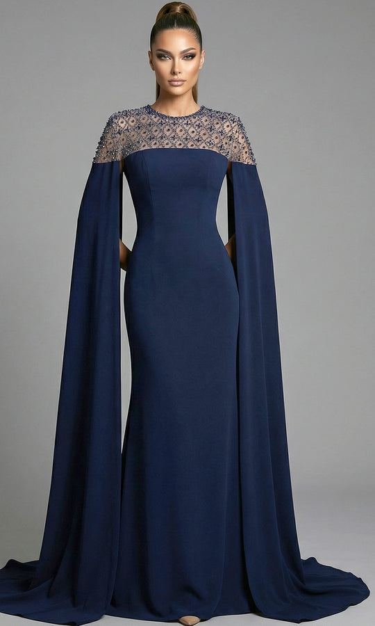 Jovani 46522 - Beaded Illusion Cape Sleeve Evening Gown