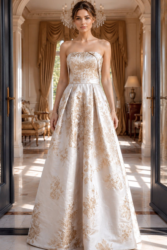 Jovani 46550 - Floral Brocade Pleated A-Line Gown