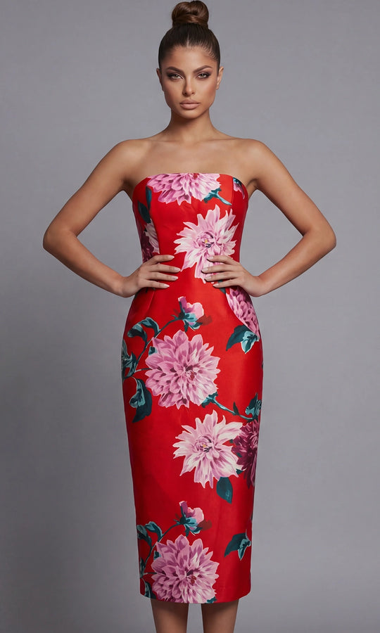 Jovani 46564 - Strapless Floral Tea-Length Column Dress
