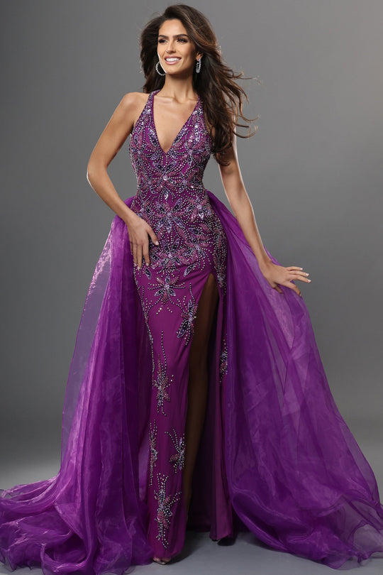 Jovani 46621 - Beaded Floral Sleeveless Overskirt Gown