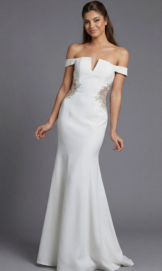 Jovani 46623 - Off Shoulder Crepe Gown with Beaded Applique
