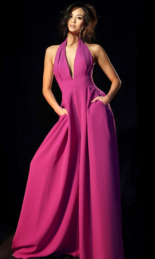 Jovani 46632 - Halter Wide Leg Pleated Jumpsuit