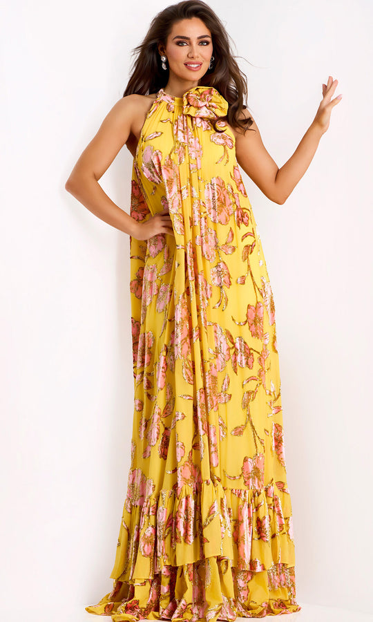 Jovani 46639 - Floral Sequin High Halter Gown with Bow