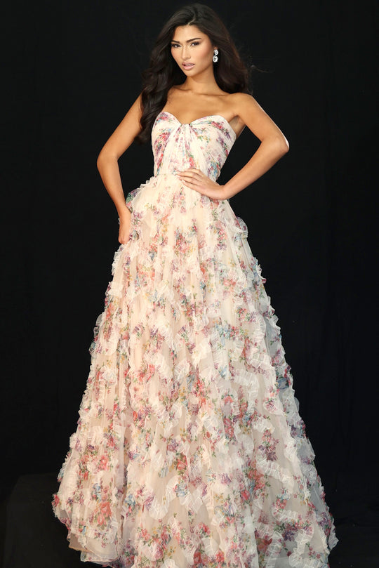 Jovani 46783 - Layered Ruffle Ballgown with Floral Print