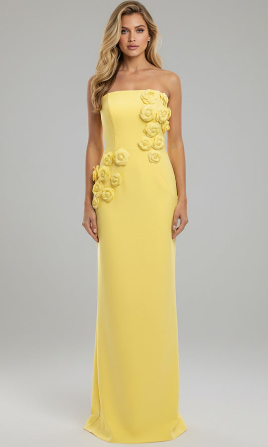 Jovani 46884 - Floral Applique Column Dress with Back Slit