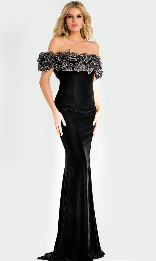 Jovani 47086 - Beaded Ruffle Trim Sheath Velvet Gown