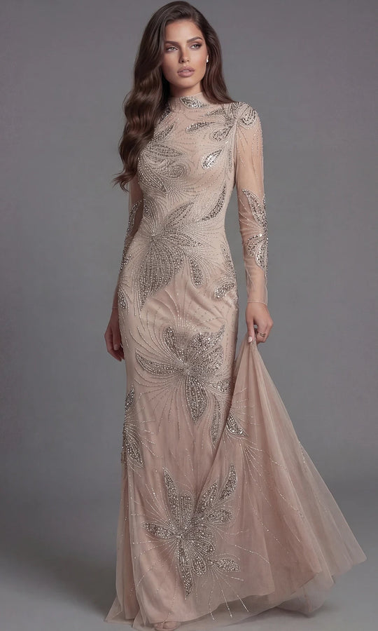 Jovani 47094 - Illusion Long Sleeve Beaded Sparkle Gown