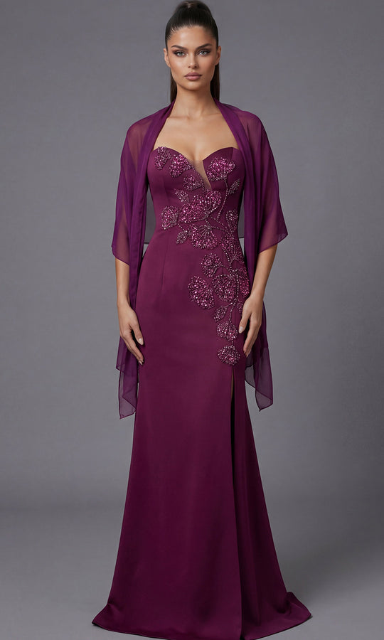 Jovani 47155 - Floral Beadwork Sweetheart Gown with Shawl