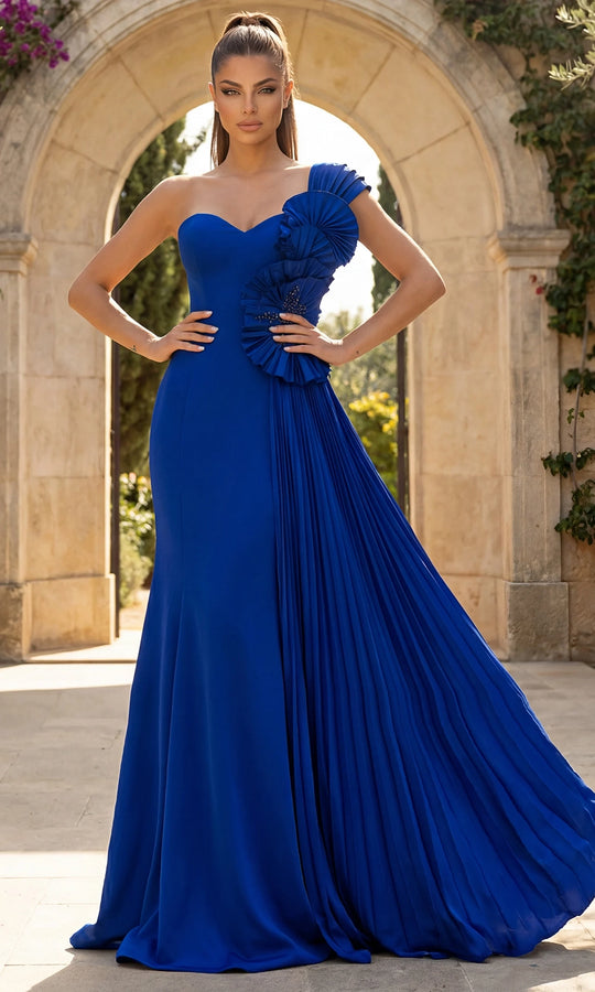 Jovani 47202 - Ruffle Shoulder Detail Sheath Evening Gown
