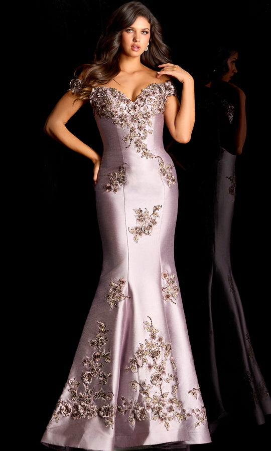 Jovani 47217 - Off Shoulder Satin Gown with Floral Embroidery