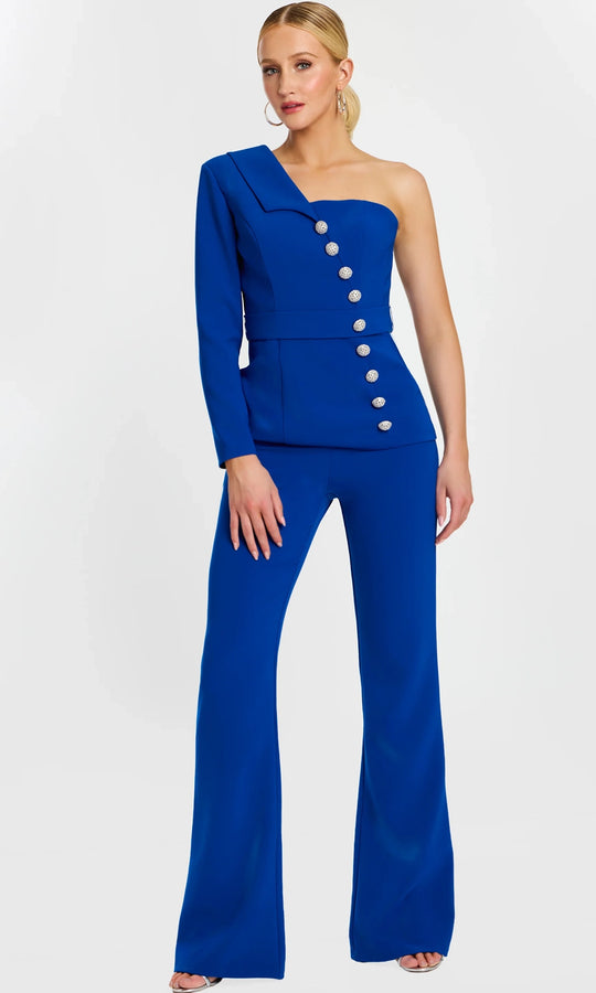 Jovani 47234 - One Sleeved Pantsuit with Crystal Buttons