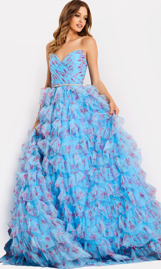 Jovani 47267 - Beaded Belt Ruffle Printed Ballgown