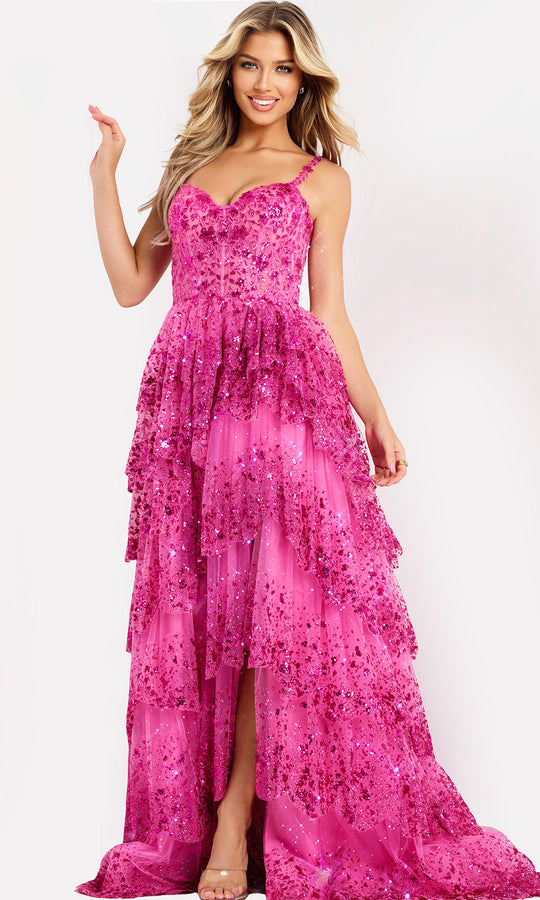 Jovani 47320 - Tiered Tulle Shimmer High Low Gown
