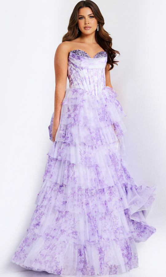 Jovani 47440 - Floral Print Tulle Tiered Ballgown