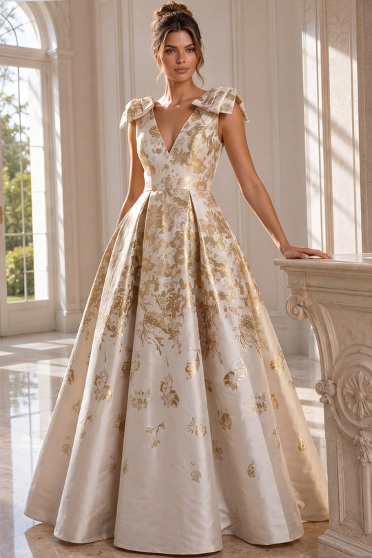 Jovani 47491 - Bow Shoulder Brocade Pleated Gown