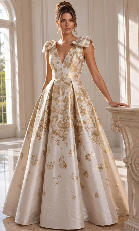 Jovani 47491 - Bow Shoulder Brocade Pleated Gown