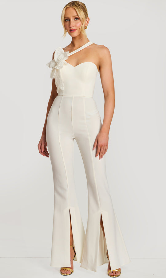 Jovani 47545 - Asymmetric Neck Floral Accent Flared Jumpsuit