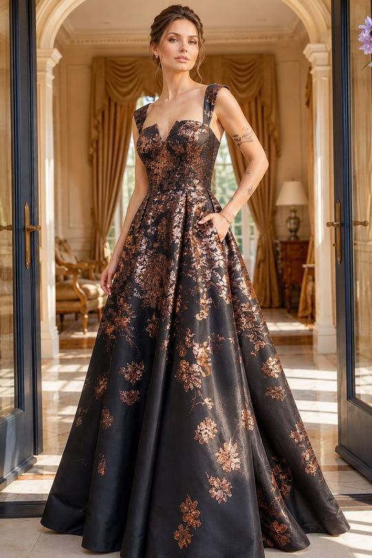 Jovani 47590 - Floral Brocade Notched Neckline Ballgown