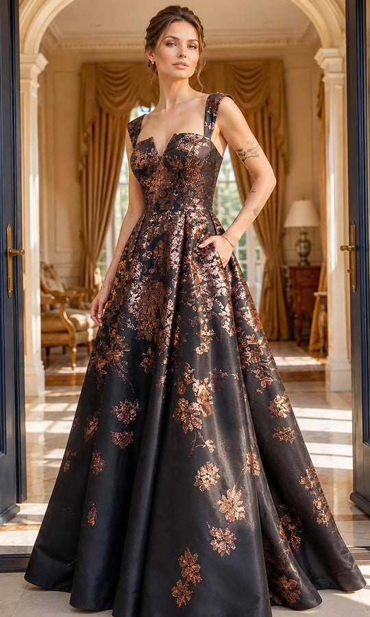 Jovani 47590 - Floral Brocade Notched Neckline Ballgown