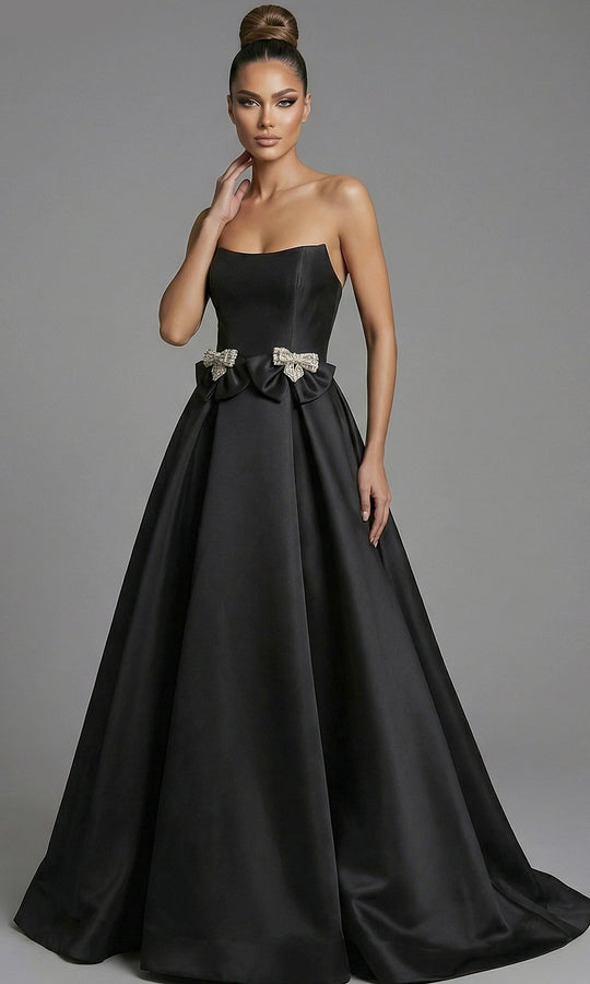 Jovani 47594 - Scoop Neck Bow Waist Satin Evening Gown