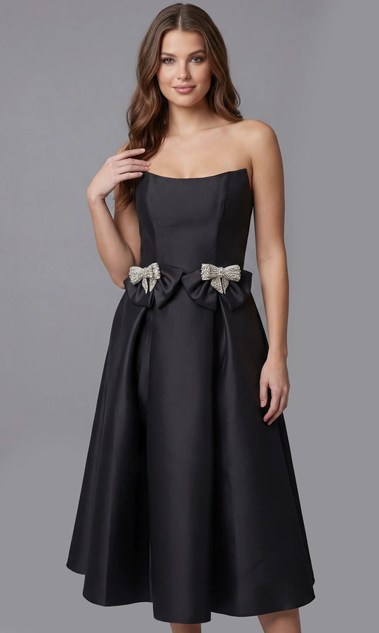 Jovani 47595 - Bow Waist Tea-Length Pleated Dress