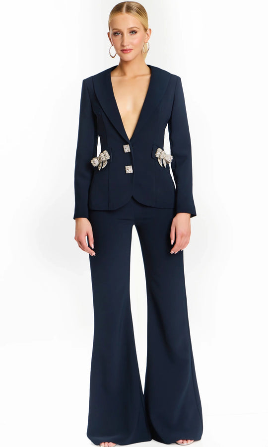 Jovani 47615 - Long Sleeve Statement Pantsuit with Beaded Bows