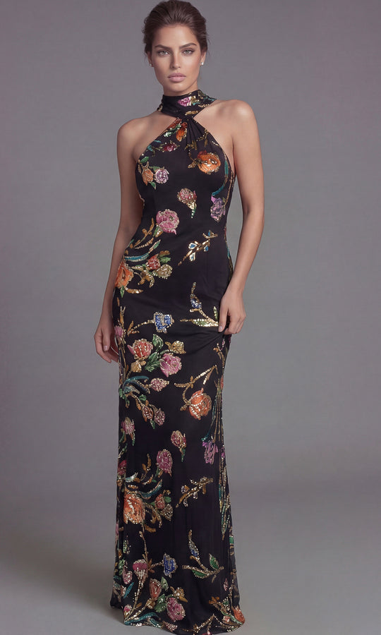 Jovani 47624 - Halter Column Gown with Floral Sequin Detail