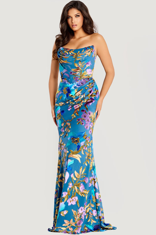 Jovani 47654 - Draped Bodice Floral Satin Prom Dress