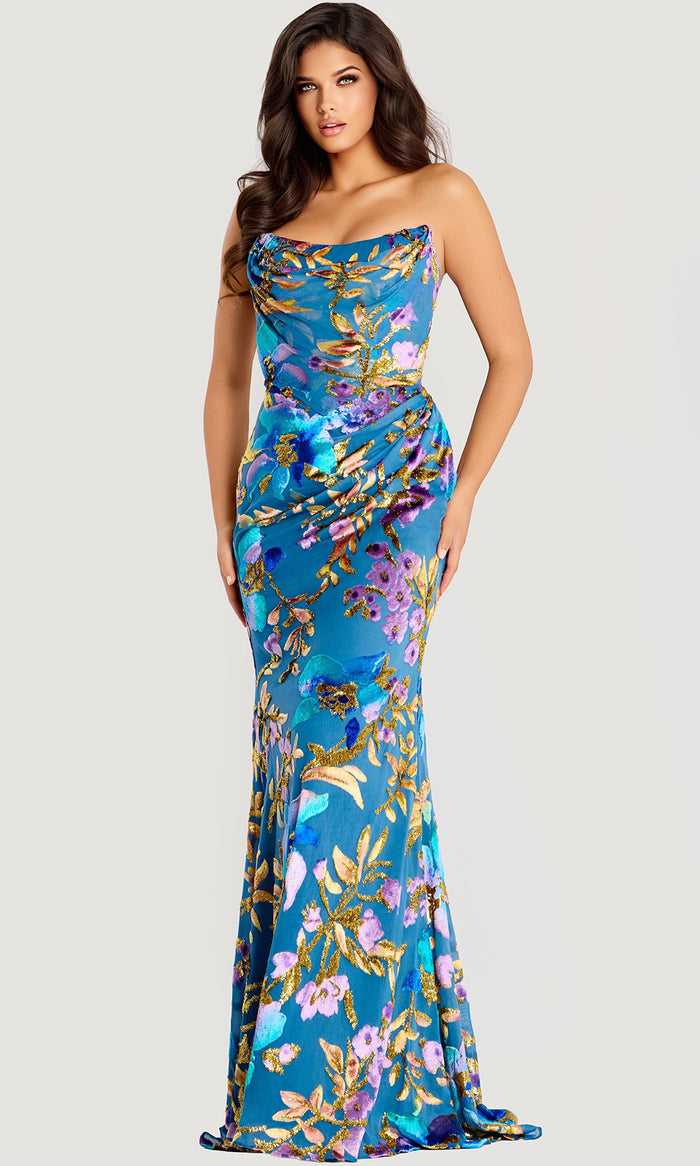 strapless open back dress Andrea & Leo A1420 Long Floral Printed A Line Formal Prom Dress – The Dress  Outlet