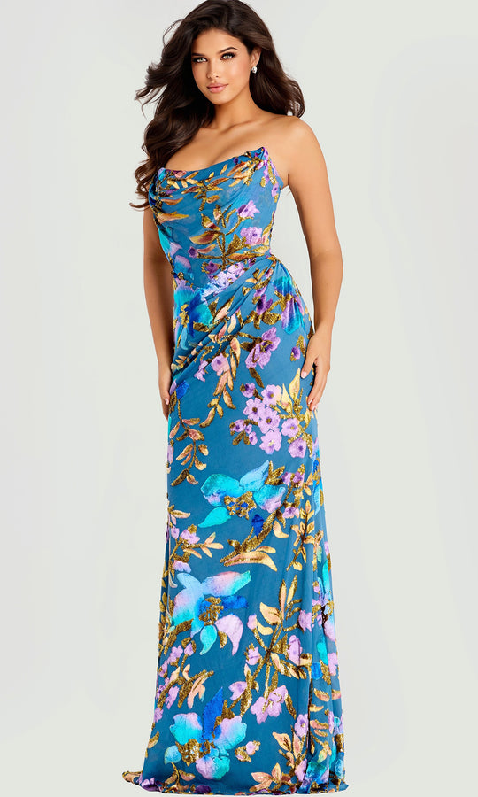 Jovani 47654 - Draped Bodice Floral Satin Prom Dress