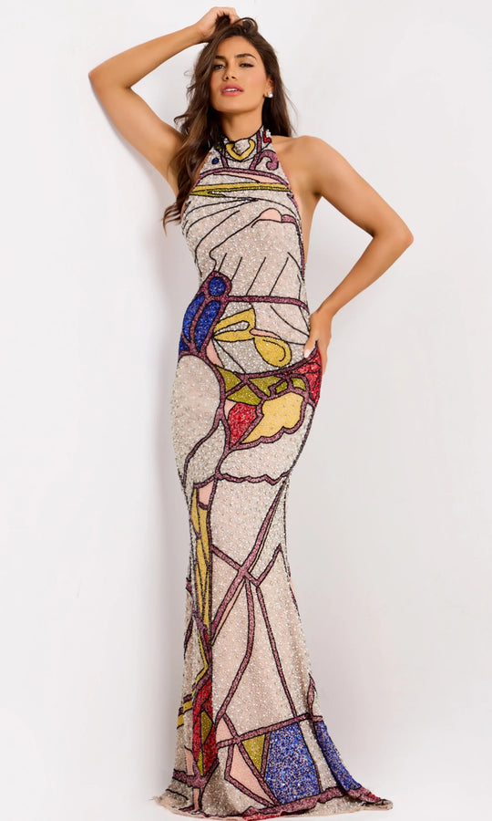 Jovani 47882 - Backless Multicolor Beaded Gown