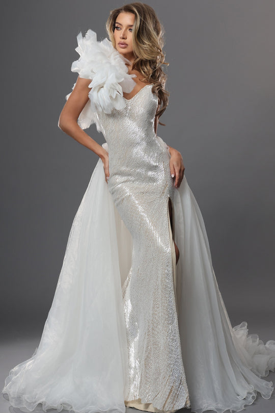 Jovani 47895 - Oversized Ruffle Accent Beaded Sheath Gown