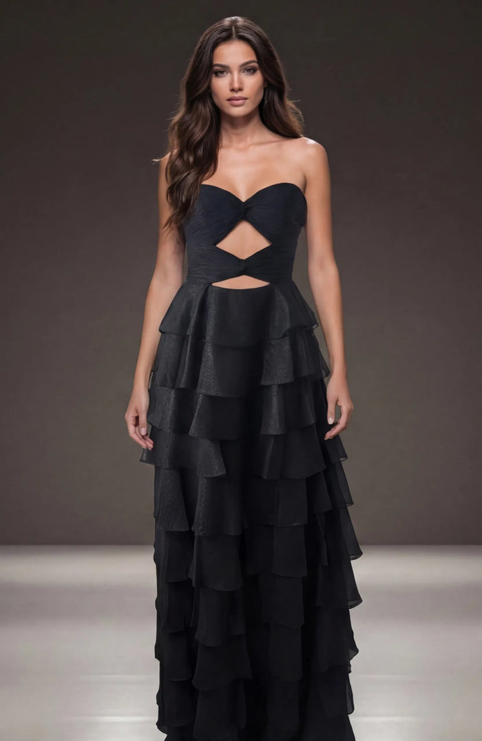 Jovani 47898 - Long Chiffon A-line Dress - Strapless, Keyhole Cutouts,  Tiered Ruffle Skirt, Slit, Mid-Open Back, Ruched Twist-Front Bodice   Couture Candy