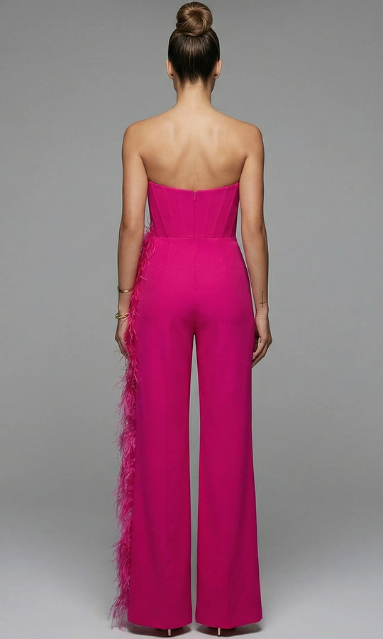 Jovani 48026 - Strapless Wide Leg Jumpsuit with Side Feather Trim