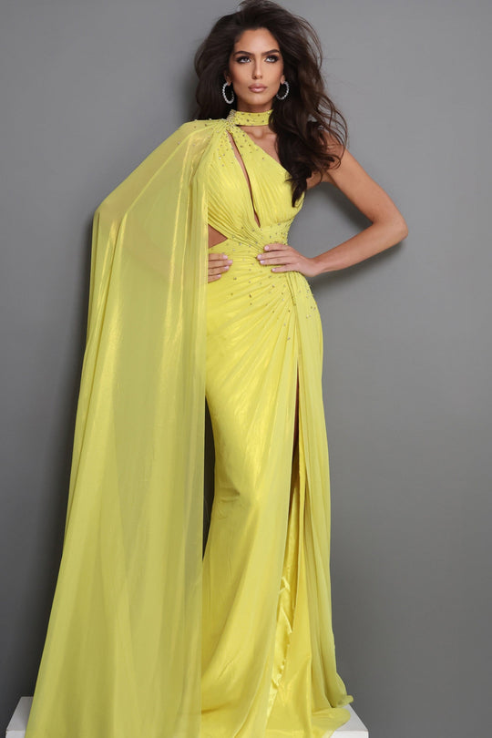 Jovani 48058 - Cape Sleeve Jersey Ruched Gown with Slit