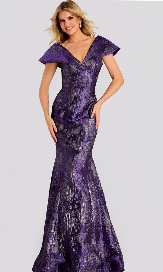 Jovani 48110 - Folded Collar V-Neckline Brocade Dress
