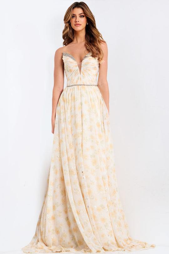 Jovani 48139 - Floral Chiffon Plunging A-Line Dress