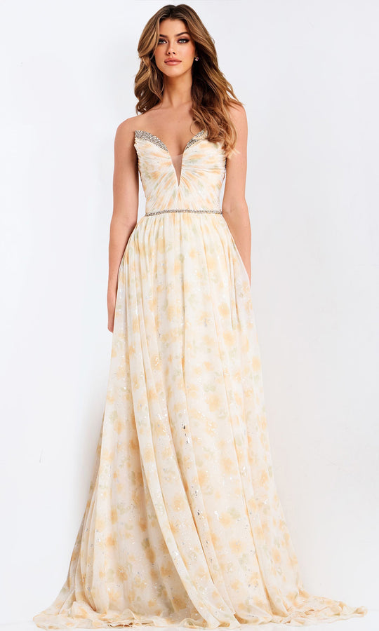Jovani 48139 - Floral Chiffon Plunging A-Line Dress