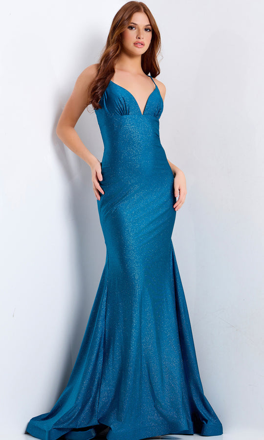 Jovani 48200 - Cutout Lace-Up Back Glitter Gown