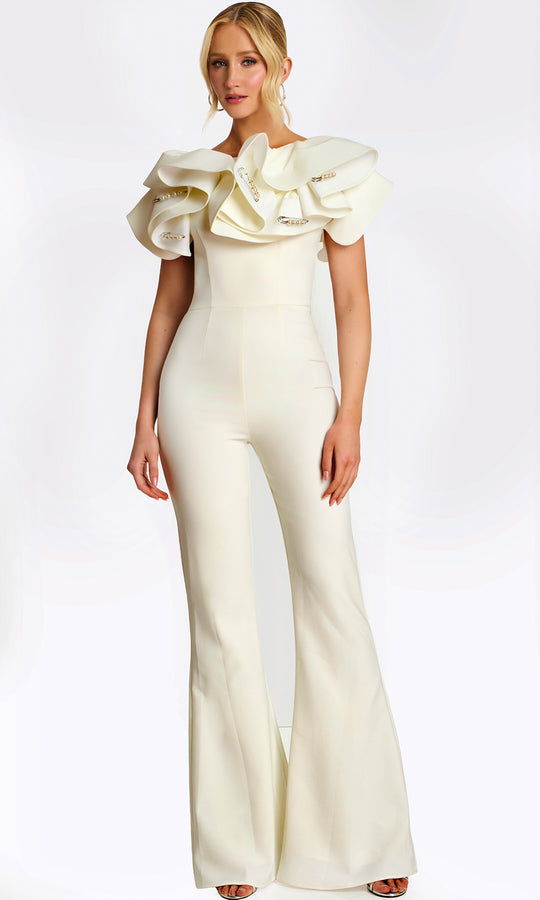 Jovani 48254 - Bateau Neck Ruffle Shoulder Jumpsuit