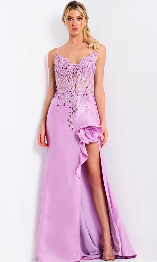 Jovani 48315 - Floral Applique V-Back Satin Long Gown